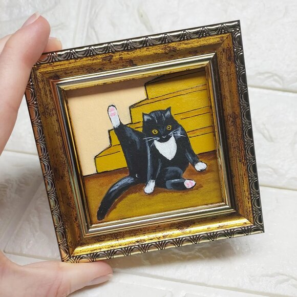 Lot of 3 Framed Original Mini Black Cat Oil Paintings - Picture 8 of 8